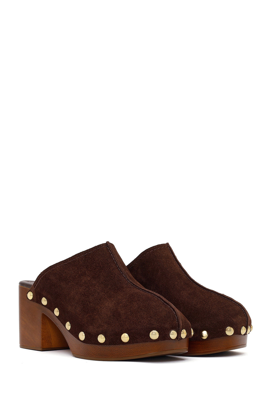 Women's Brown Platform Chunky Heel Suede Leather Slippers