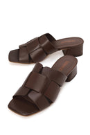 Woman Brown Short Thick-Heeled Leather Slipper | Derimod