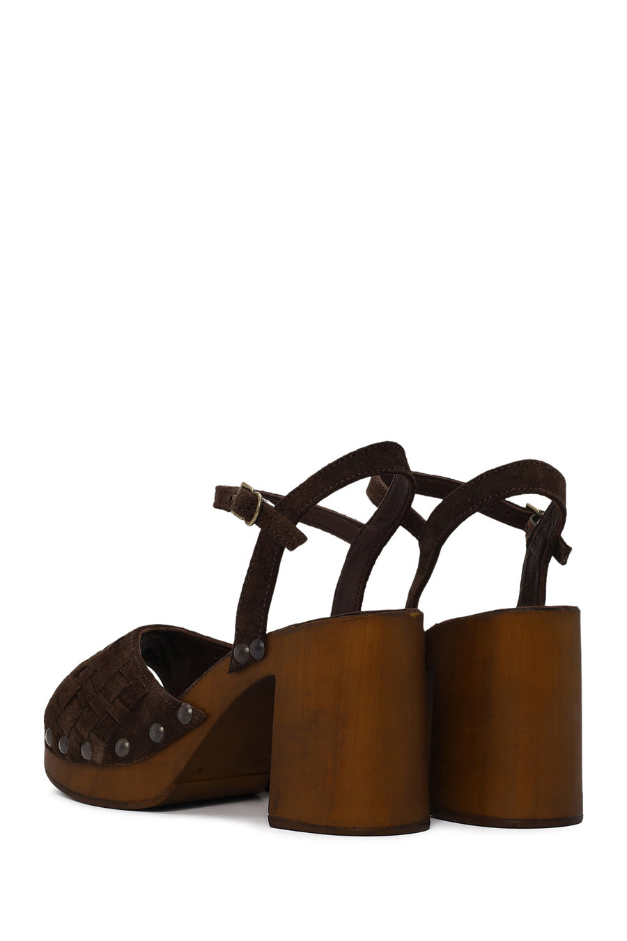 Woman Brown Ankle Buckled Chunky Heeled Suede Sandal