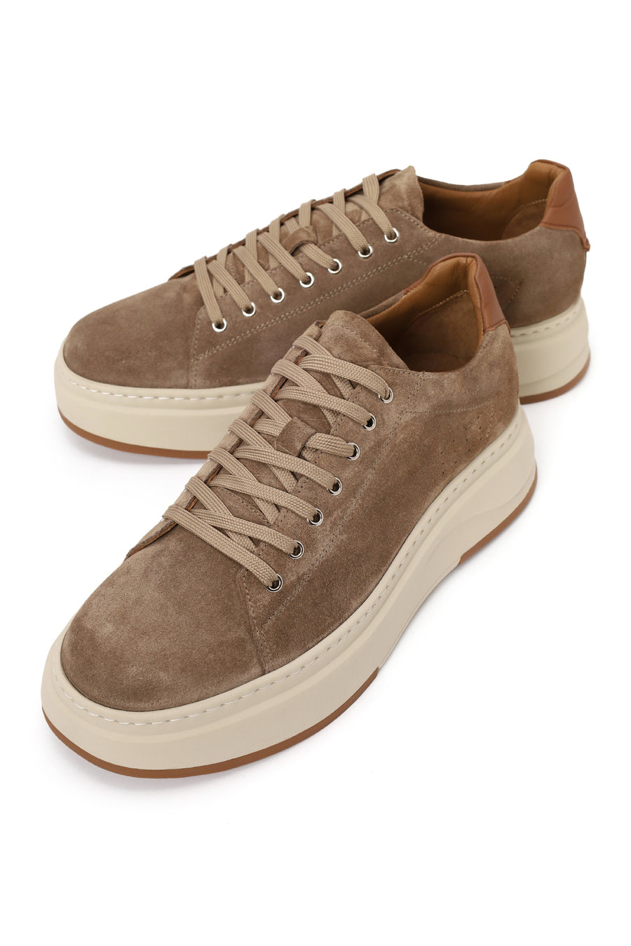Erkek Bej Bağcıklı Kalın Tabanlı Süet Deri Sneaker