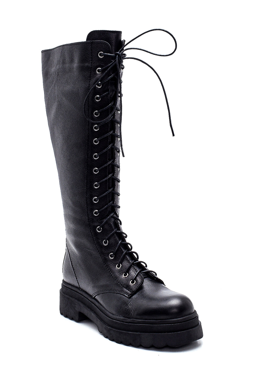 Women's Black Leather Casual Flat Boots