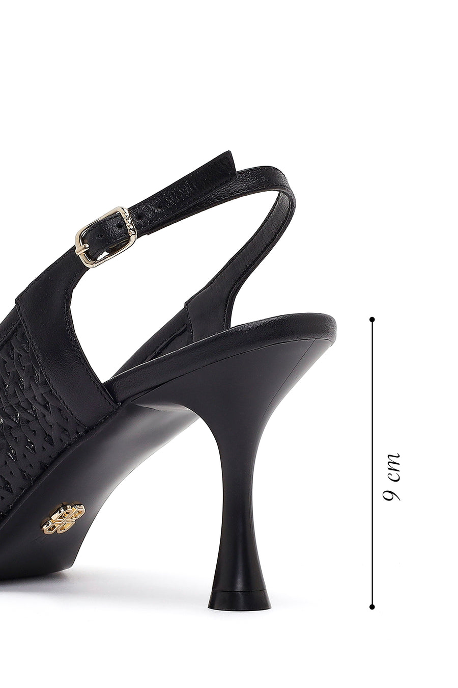 Women's Black Ankle Buckle Printed Thin Heel Open Back Leather Shoes