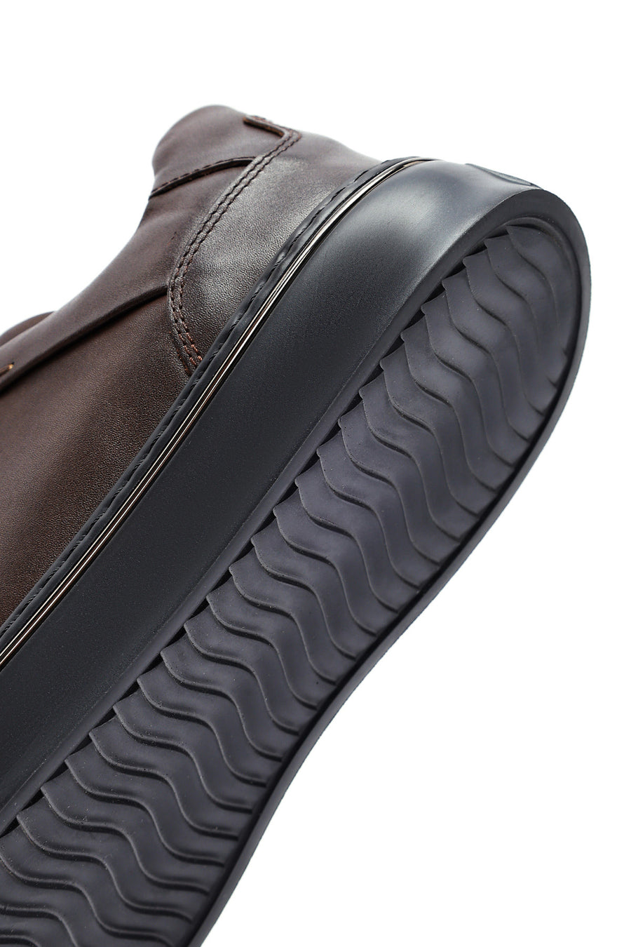 Men's Brown Lace-Up Thick-Soled Leather Sneakers