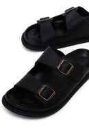 Male Black Double-Buckle Nubuck Leather Slipper | Derimod