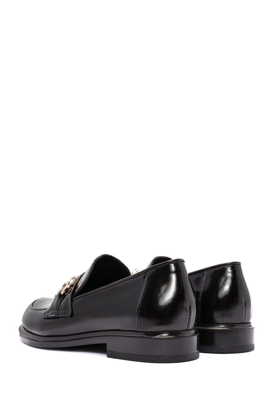Women's Black Stone Detailed Leather Masculine Loafer
