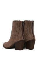 Woman Mink Zip Closure Thick-Heeled Suede Boots | Derimod