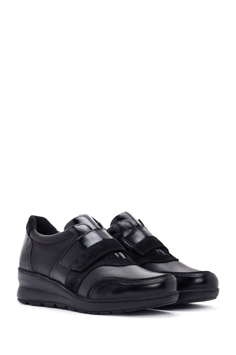Women's Black Wedge Heeled Leather Comfort Shoes