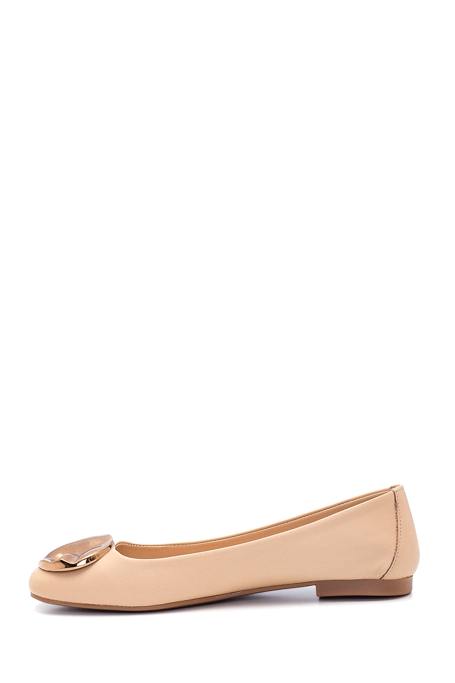 Women's Beige Leather Buckled Ballerinas