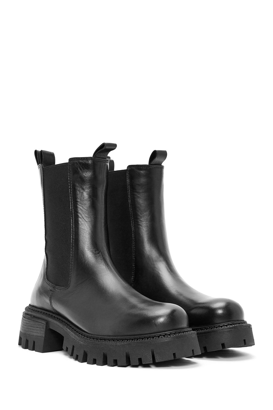 Women's Black Thick Soled Leather Chelsea Boots