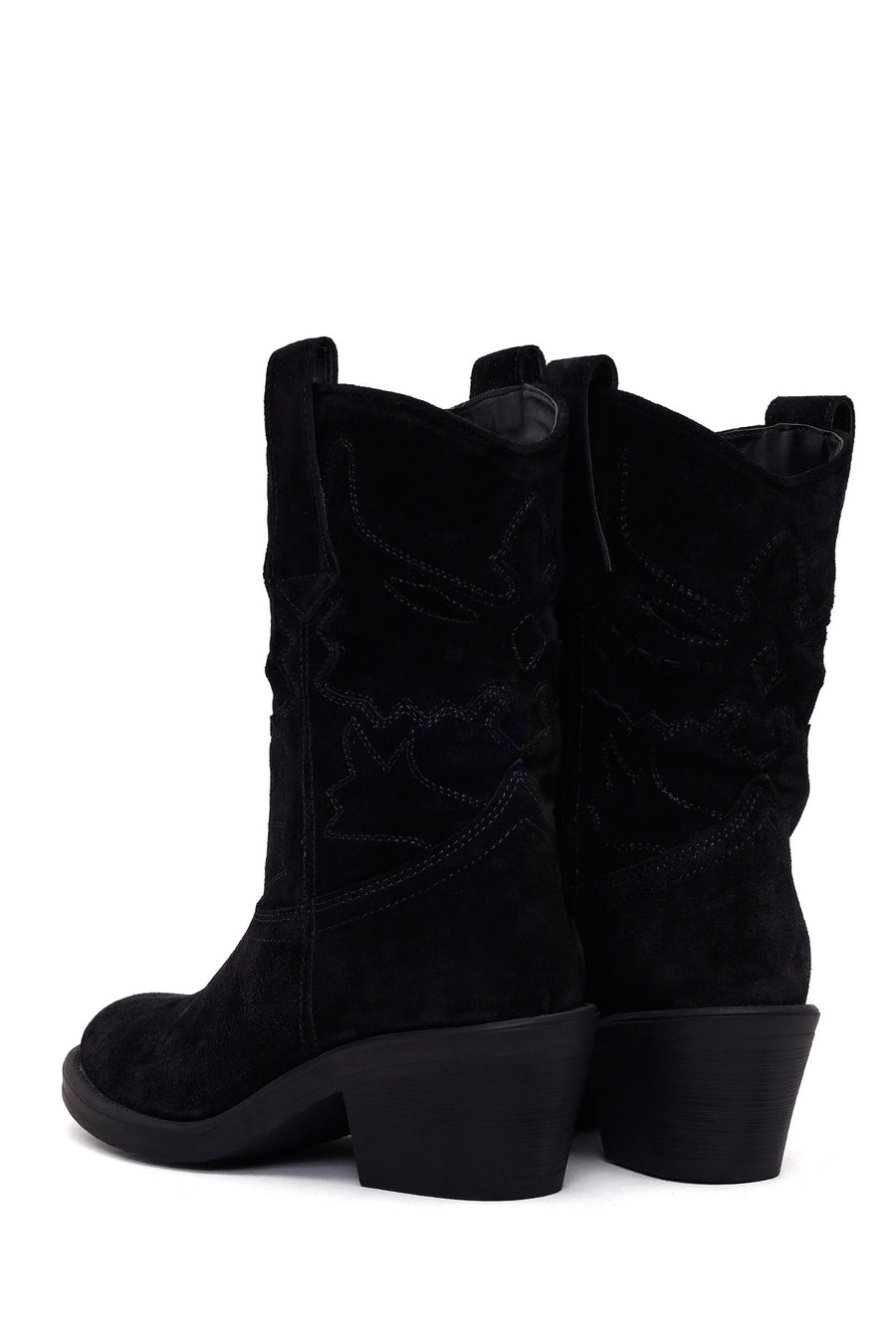 Woman Black Short Chunky-Heel Suede Cowboy Boots