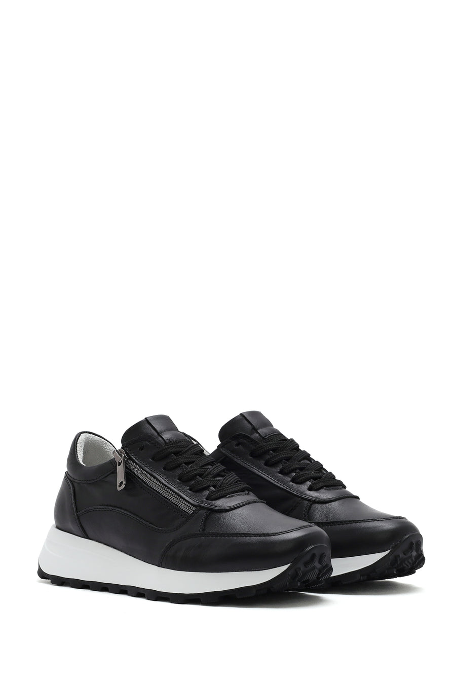 Women's Black Lace-Up Side Zip Leather Sneakers