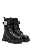 Women's Black Lace-Up Zipper Detailed Leather Combat Boots | Derimod