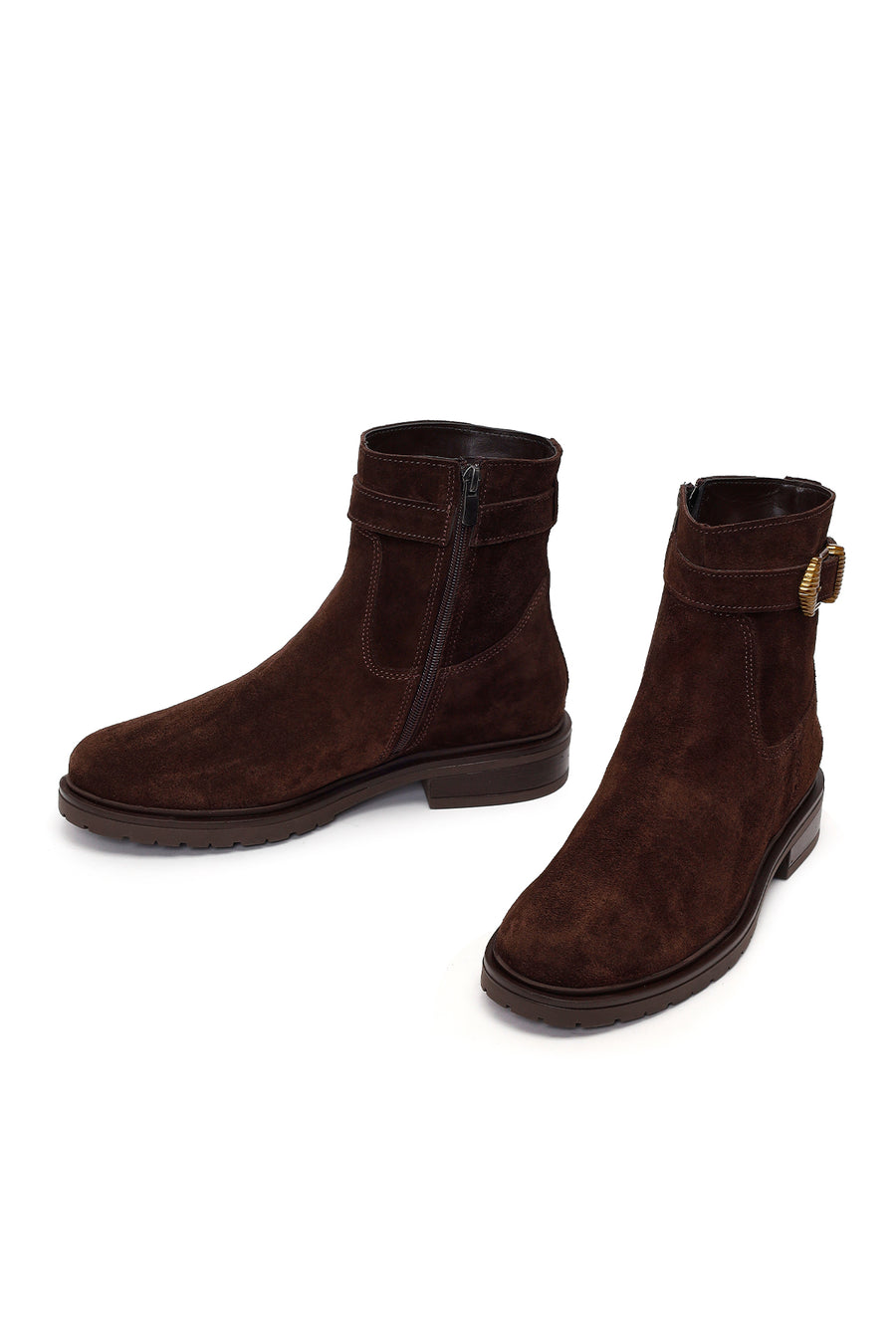 Woman Brown Zip Closure Buckled Suede Leather Boots