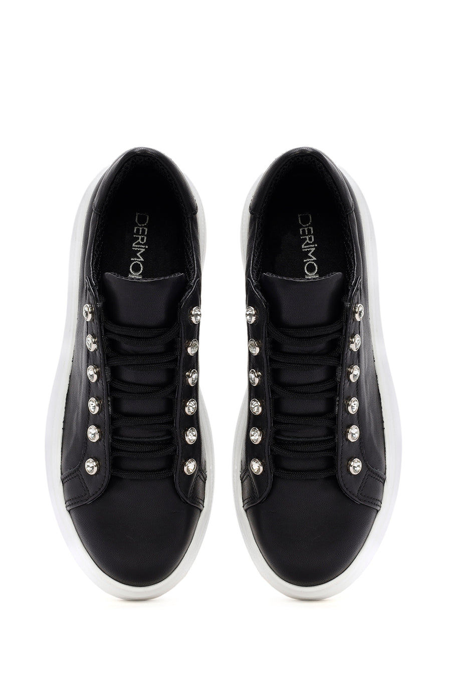 Women's Black Stone Laced Thick Soled Leather Sneakers