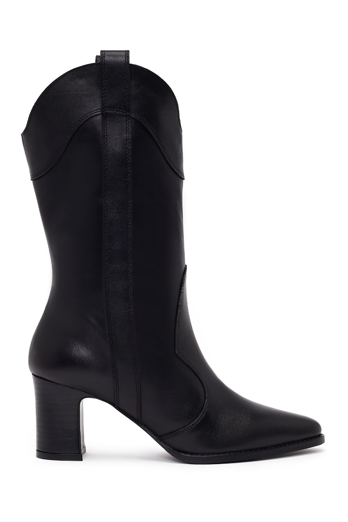 Woman Black Thick-Heeled Leather Cowboy Boots WF160010DV | Derimod