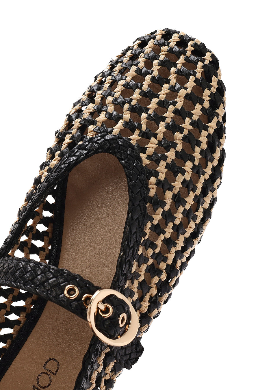 Women's Black Buckled Straw Leather Ballerinas