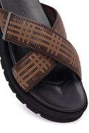 Men's Brown Patterned Leather Slippers | Derimod