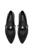 Women's Black Stone Leather Ballerinas | Derimod