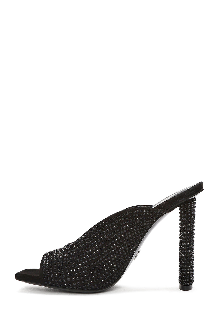 Women's Black Thick High Heeled Stoned Leather Slippers