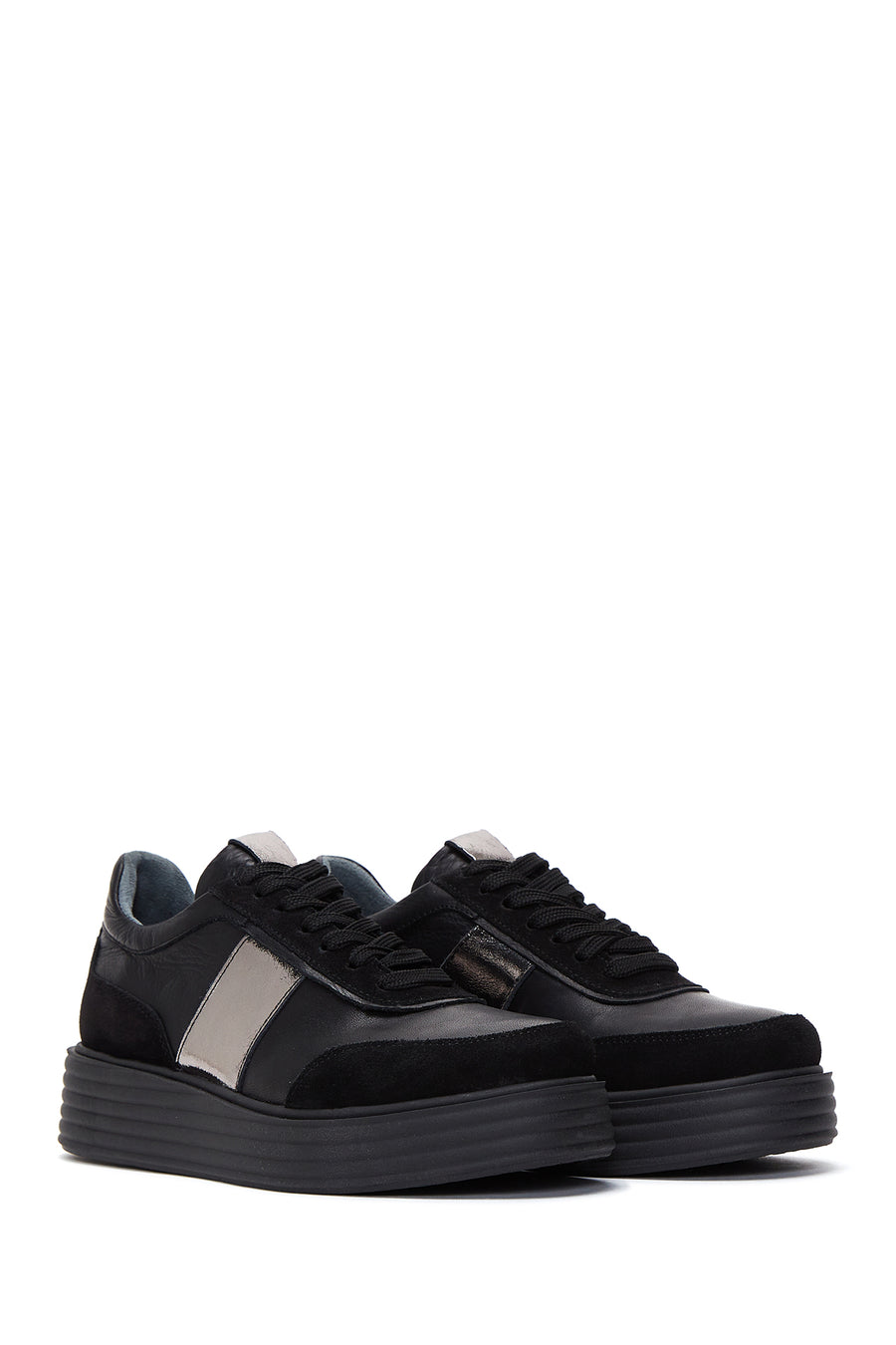 Women's Black Leather Thick Soled Sneaker
