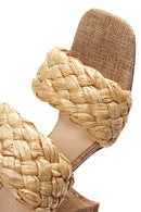 Women's Beige Straw Braided Thick Heeled Slippers | Derimod