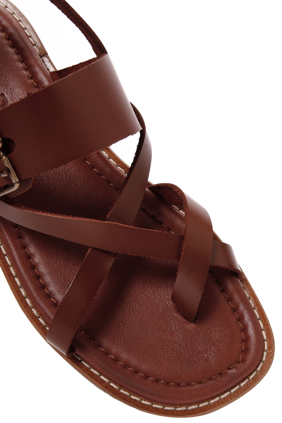 Women's Brown Ankle Buckle Flip-Flop Leather Sandals