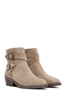 Woman Beige Zippered Suede Leather Cowboy Boots | Derimod