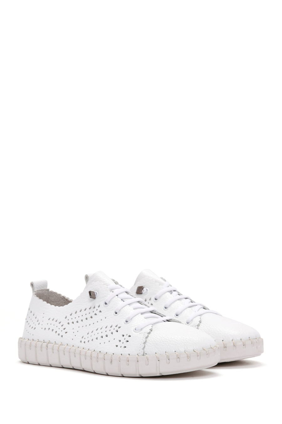 Woman White Lace-Up Patterned Leather Comfort Shoes