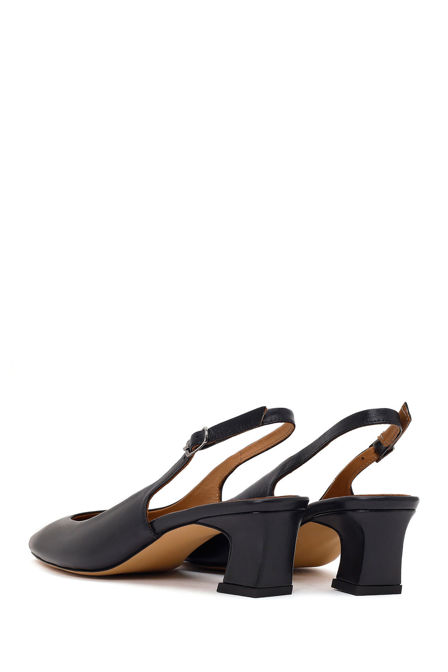 Women's Black Open Back Short Chunky Heel Leather Shoes