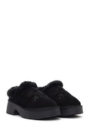 Woman Black Thick-soled Embellished Suede Leather Teddy Slipper | Derimod