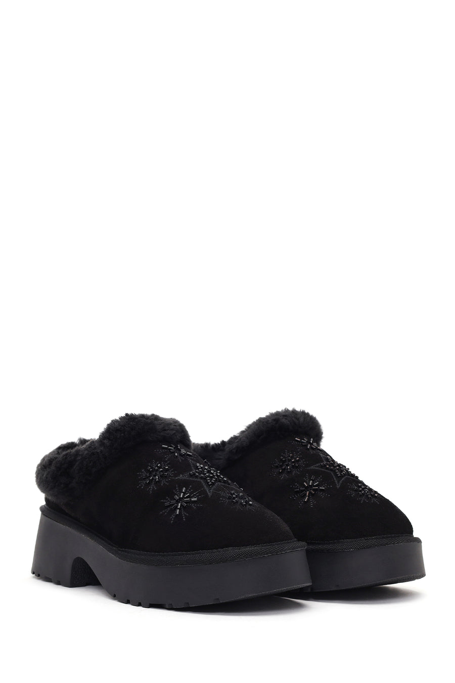 Woman Black Thick-soled Embellished Suede Leather Teddy Slipper