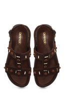 Woman Brown Stone-Embellished Suede Leather Sandals | Derimod