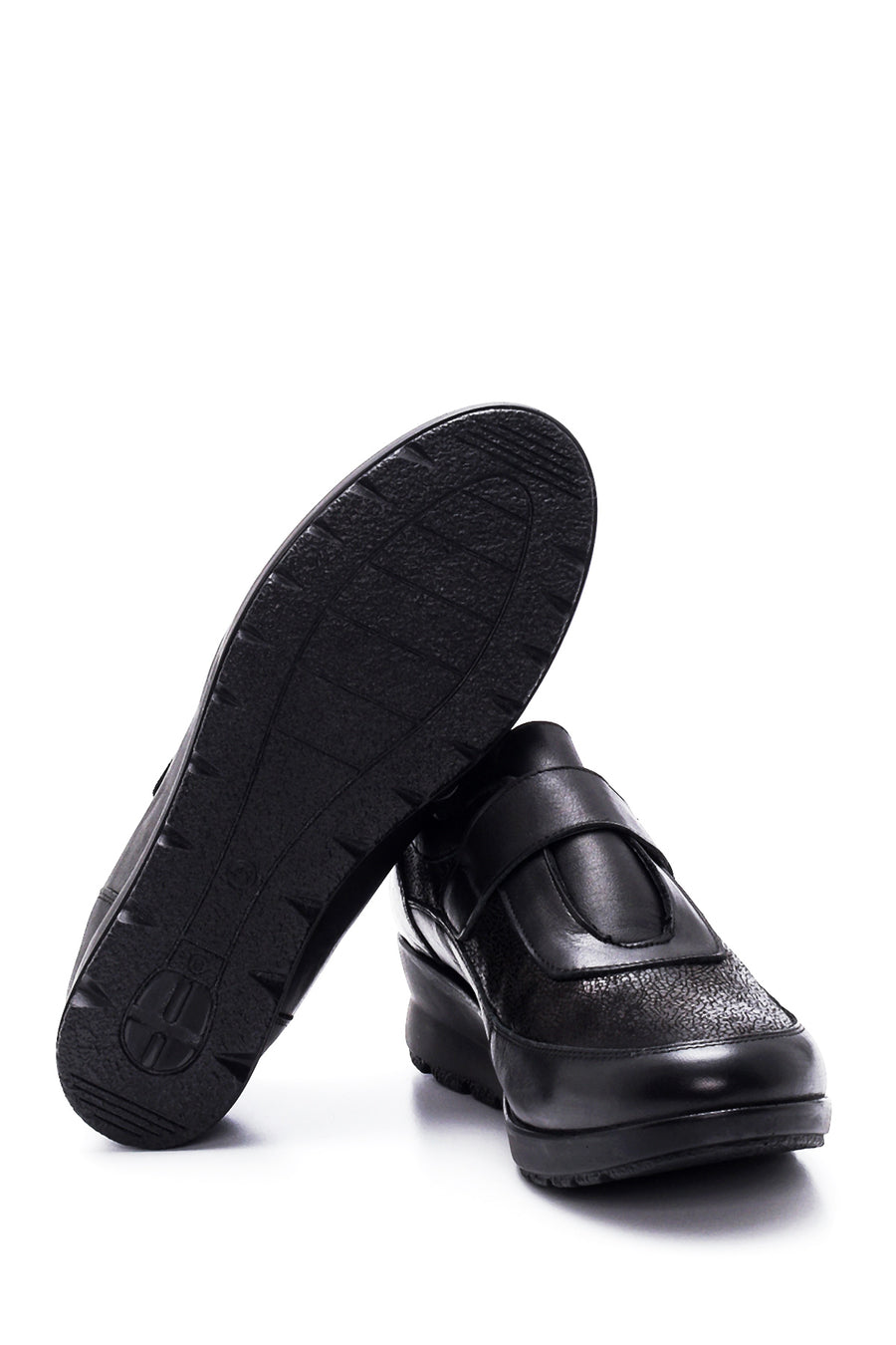 Women's Black Leather Stone Wedge Heeled Comfort Shoes