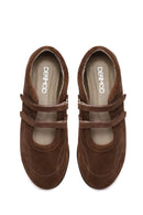 Woman Brown Double-Strap Suede Leather Ballet Flat | Derimod