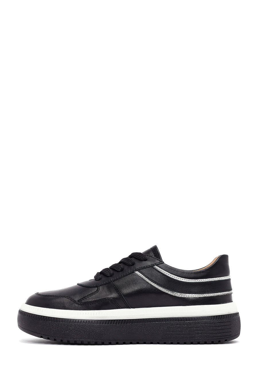 Women's Black Lace-Up Thick-Soled Leather Sneaker