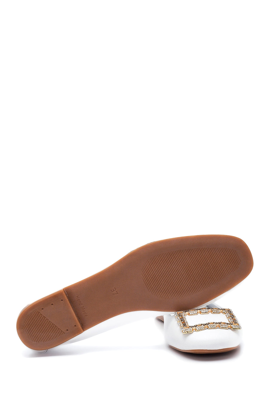 Women's White Leather Ballerinas with Stone Buckle