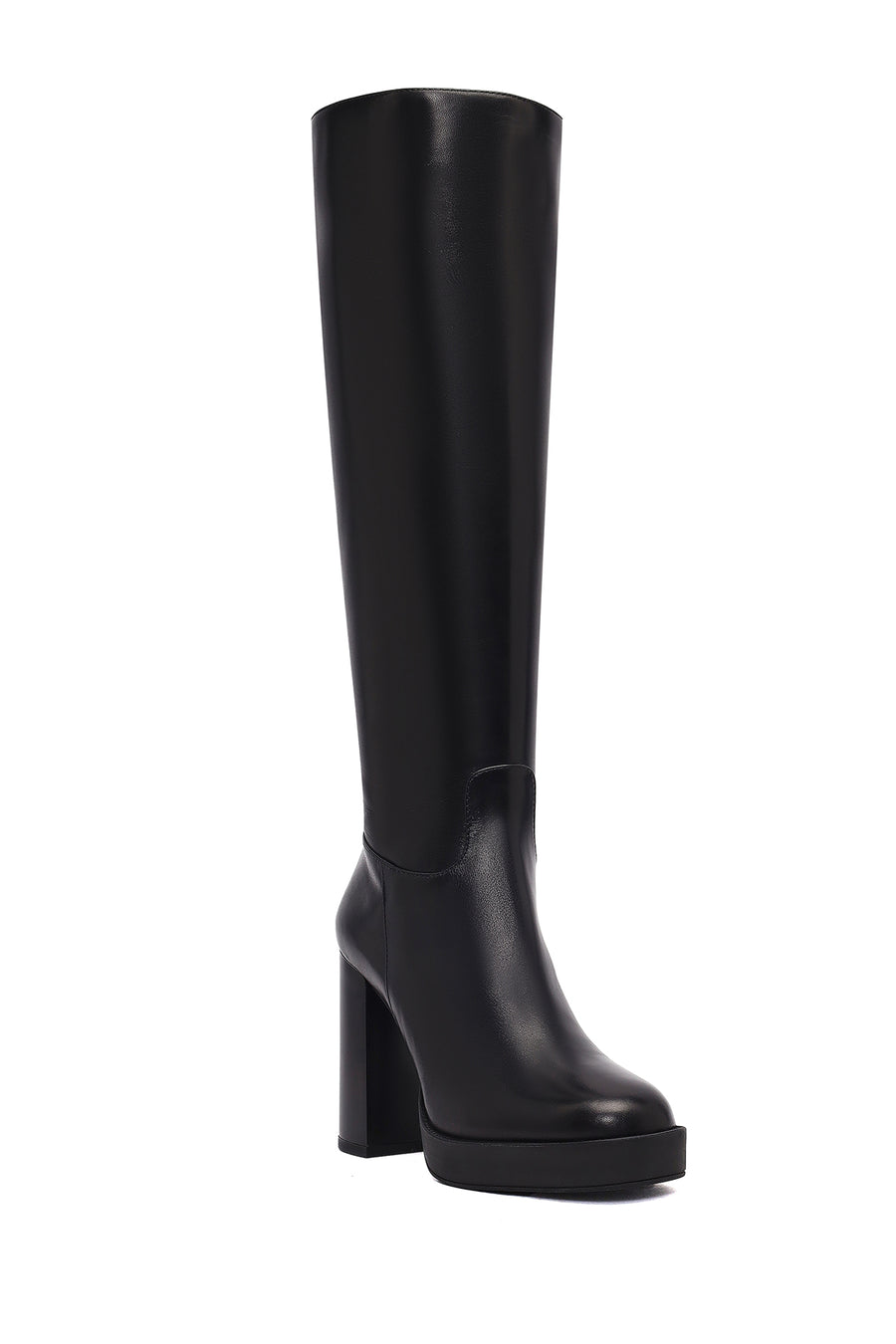Woman Black Zippered High Heels Leather Boot