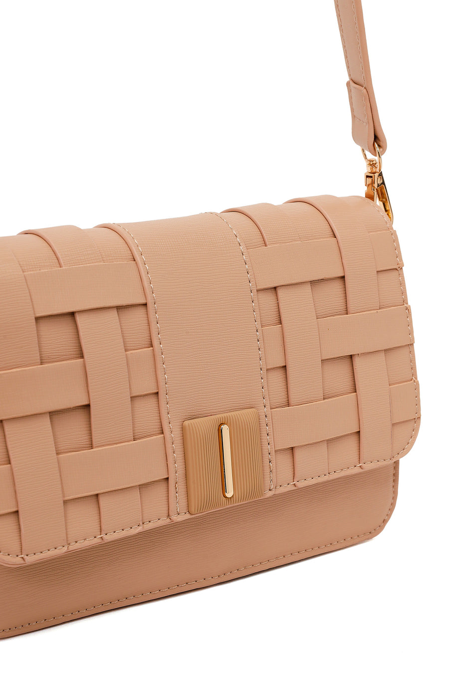 Woman Beige Long-Strap Knitted Crossbody Bag