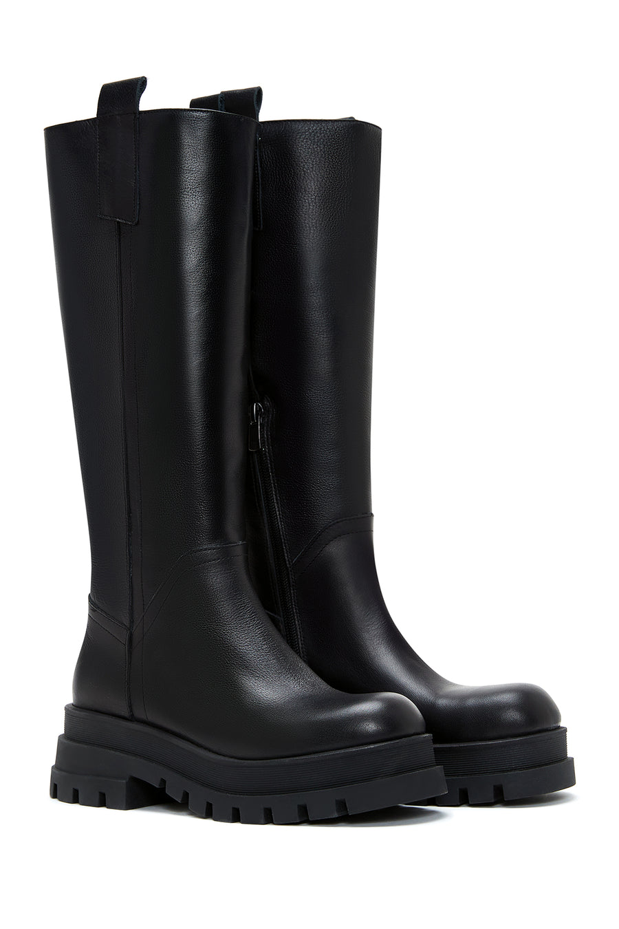 Women's Black Leather Zippered Thick Soled Boots
