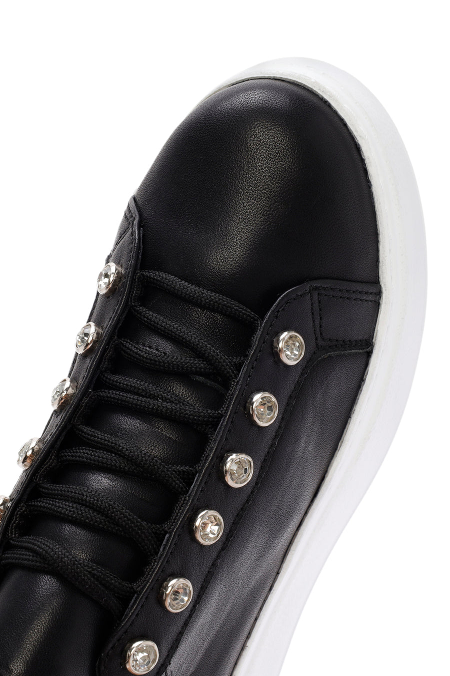 Women's Black Stone Laced Thick Soled Leather Sneakers