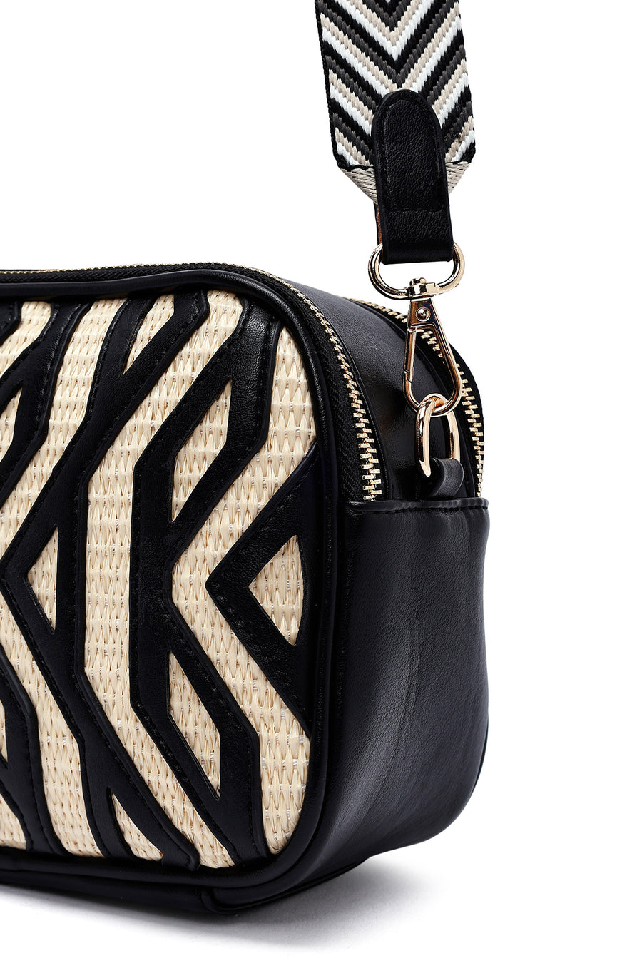 Women's Black Long Strap Patterned Crossbody Bag