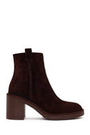 Woman Brown Zip Closure Chunky Heeled Suede Boots | Derimod