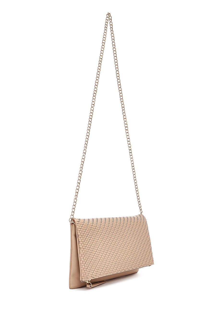 Women's Beige Long Chain Strap Braided Clutch Bag