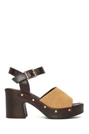 Woman Beige Ankle-Strap Buckled Thick-Heeled Suede Leather Sandals | Derimod