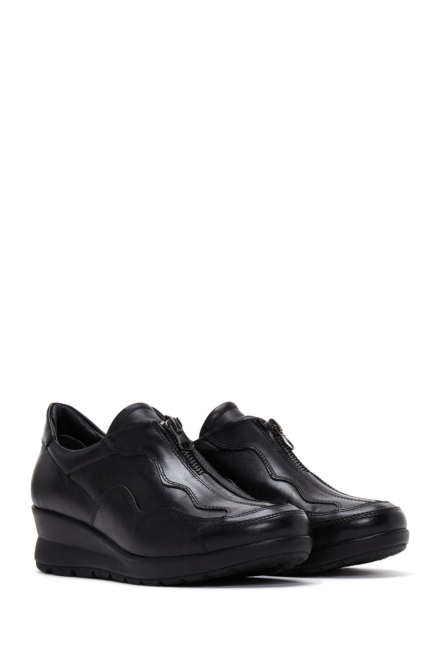 Women's Black Leather Wedge Heeled Comfort Shoes