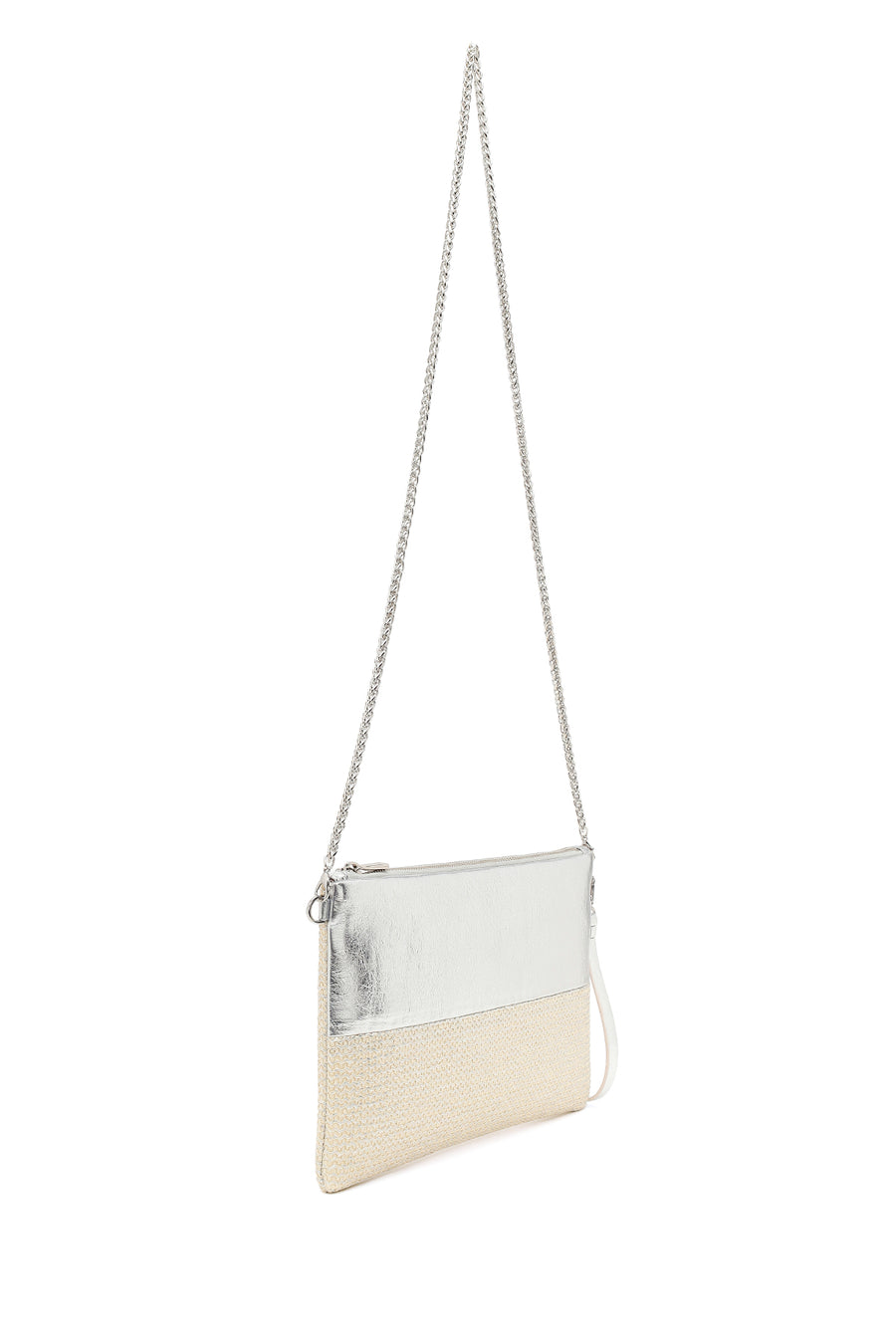 Woman Beige Long Chain Strap Wicker Clutch Bag