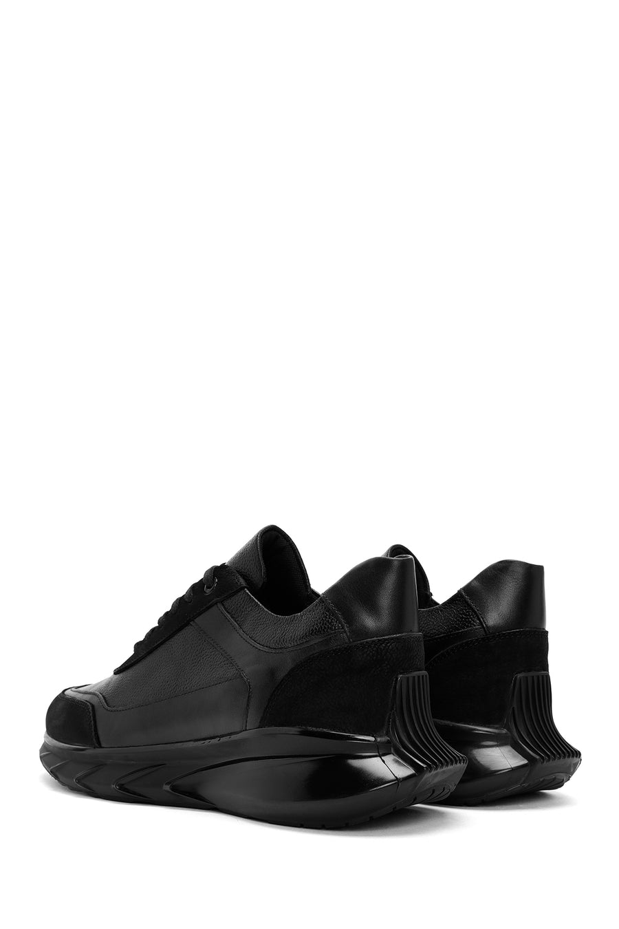 Erkek Siyah Bağcıklı Kalın Tabanlı Deri Casual Sneaker