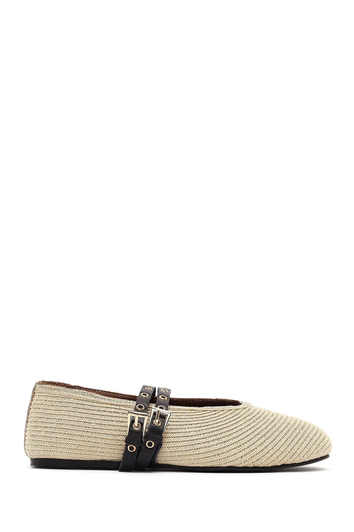 Women's Beige Double Buckled Straw Leather Ballerinas 25SFD1820M7 | Derimod