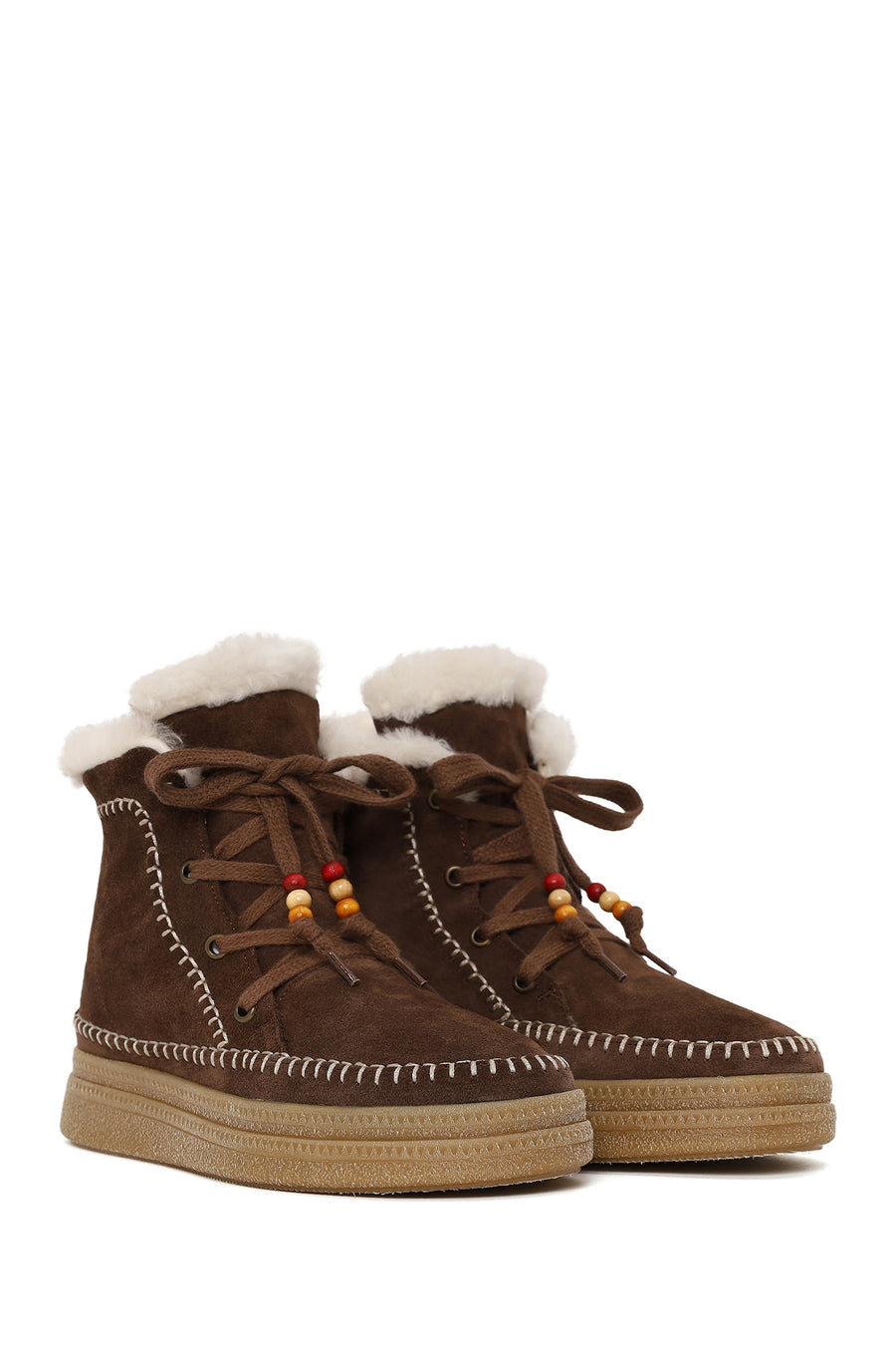 Woman Dark Mink Lace-Up Thick-Soled Suede Teddy Boots