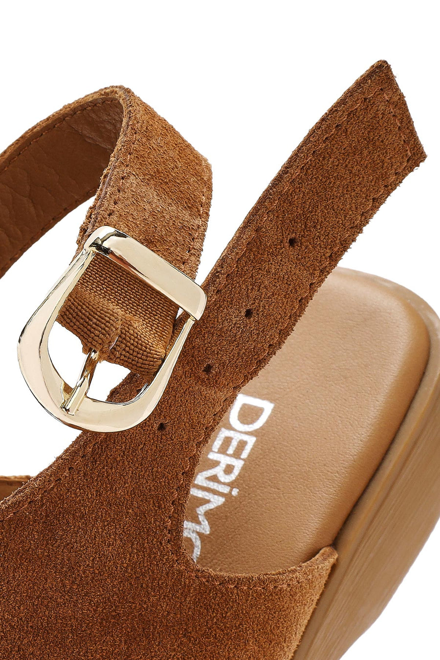 Women's Tan Suede Leather Wedge Heeled Sandals with Ankle Buckle